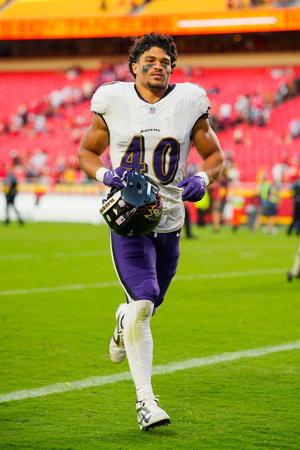 Sep 28, 2025; Kansas City, Missouri, USA; Baltimore Ravens linebacker Teddye Buchanan (40) leaves the field after a game against the Kansas City Chiefs at GEHA Field at Arrowhead Stadium. Mandatory Credit: Jay Biggerstaff-Imagn Images