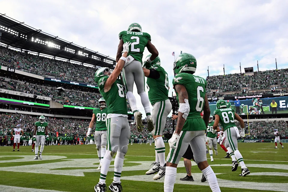 Philadelphia Eagles wide receiver Jahan Dotson celebrates with teammates after scoring a touchdown against the New York Giants.