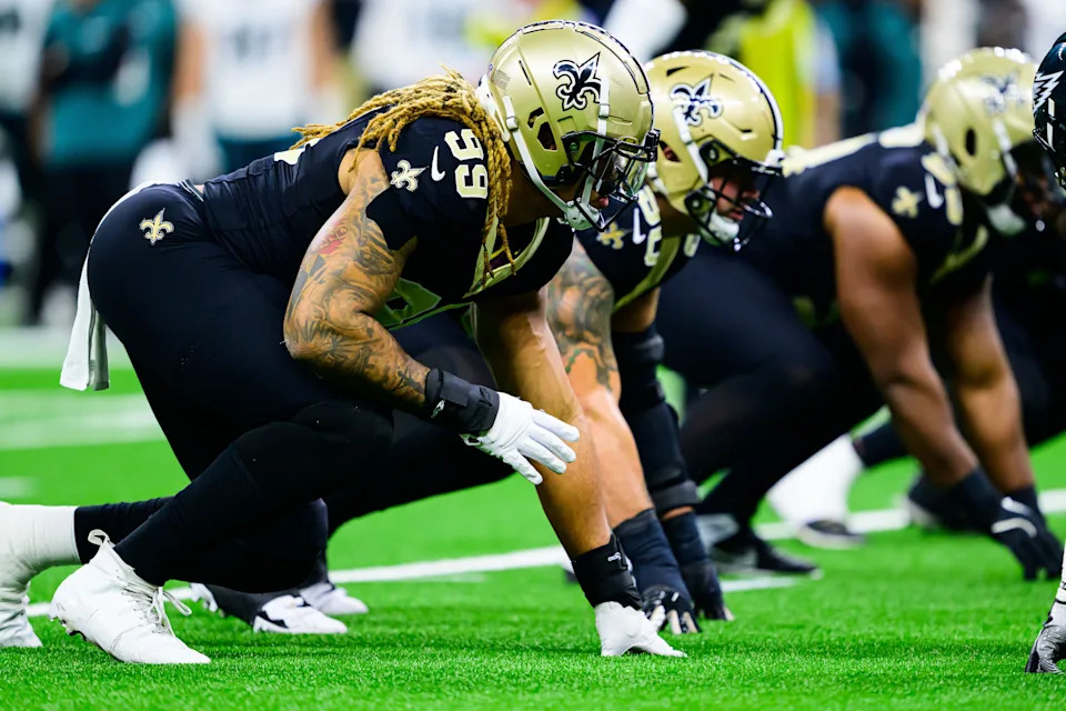 NEW ORLEANS, LOUISIANA - SEPTEMBER 22: Chase Young #99 of the New Orleans Saints looks on against the Philadelphia Eagles at Caesars Superdome on September 22, 2024 in New Orleans, Louisiana. (Photo by Gus Stark/Getty Images)