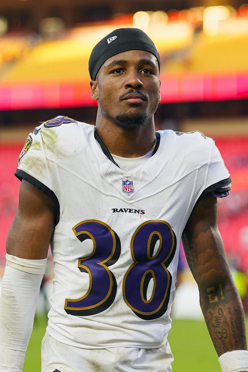 Sep 28, 2025; Kansas City, Missouri, USA; Baltimore Ravens cornerback Keyon Martin (38) leaves the field after a game against the Kansas City Chiefs at GEHA Field at Arrowhead Stadium. Mandatory Credit: Jay Biggerstaff-Imagn Images