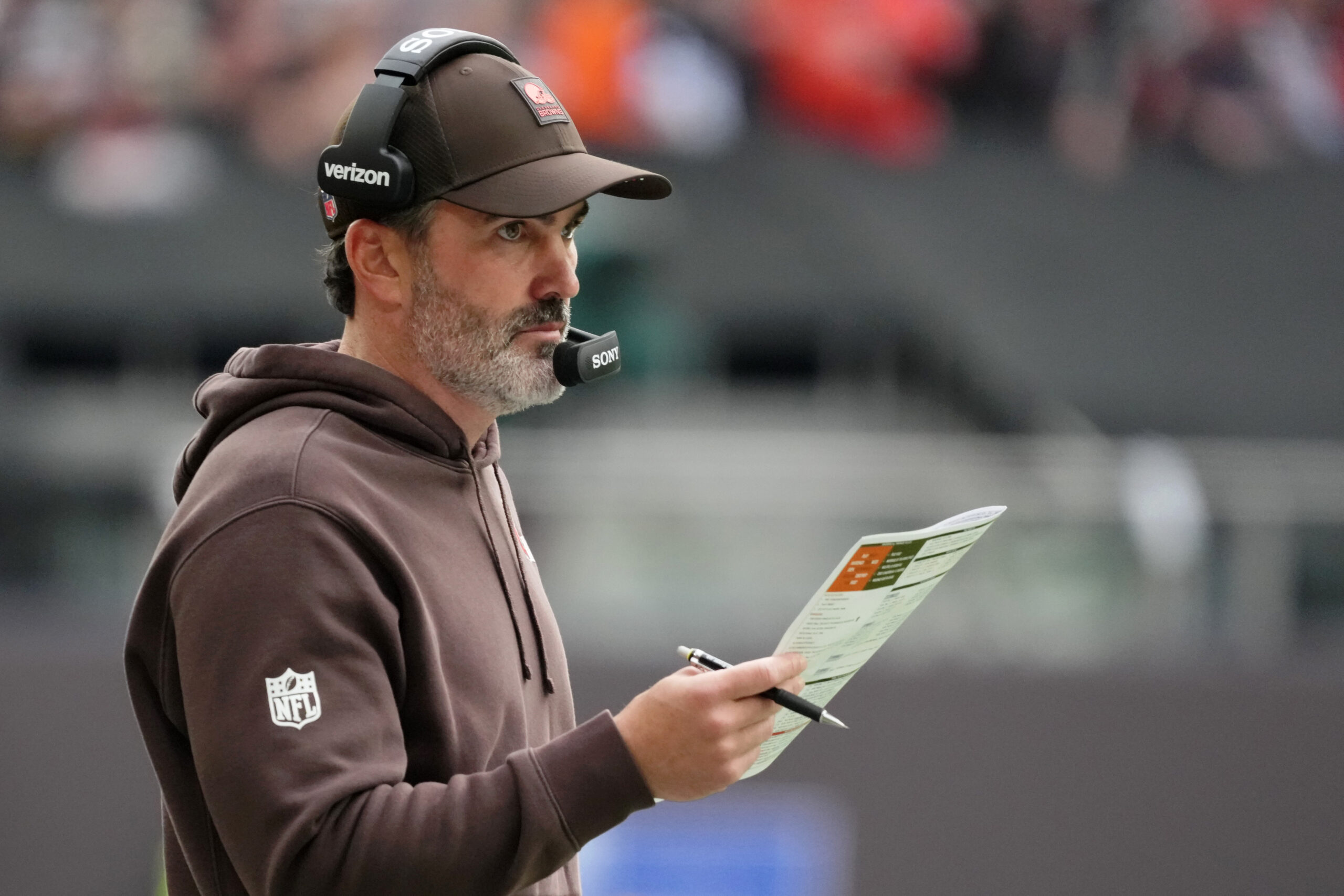 Cleveland Browns head coach Kevin Stefanski looks on from the sideline during the third quarter of an NFL International Series game at Tottenham Hotspur Stadium.