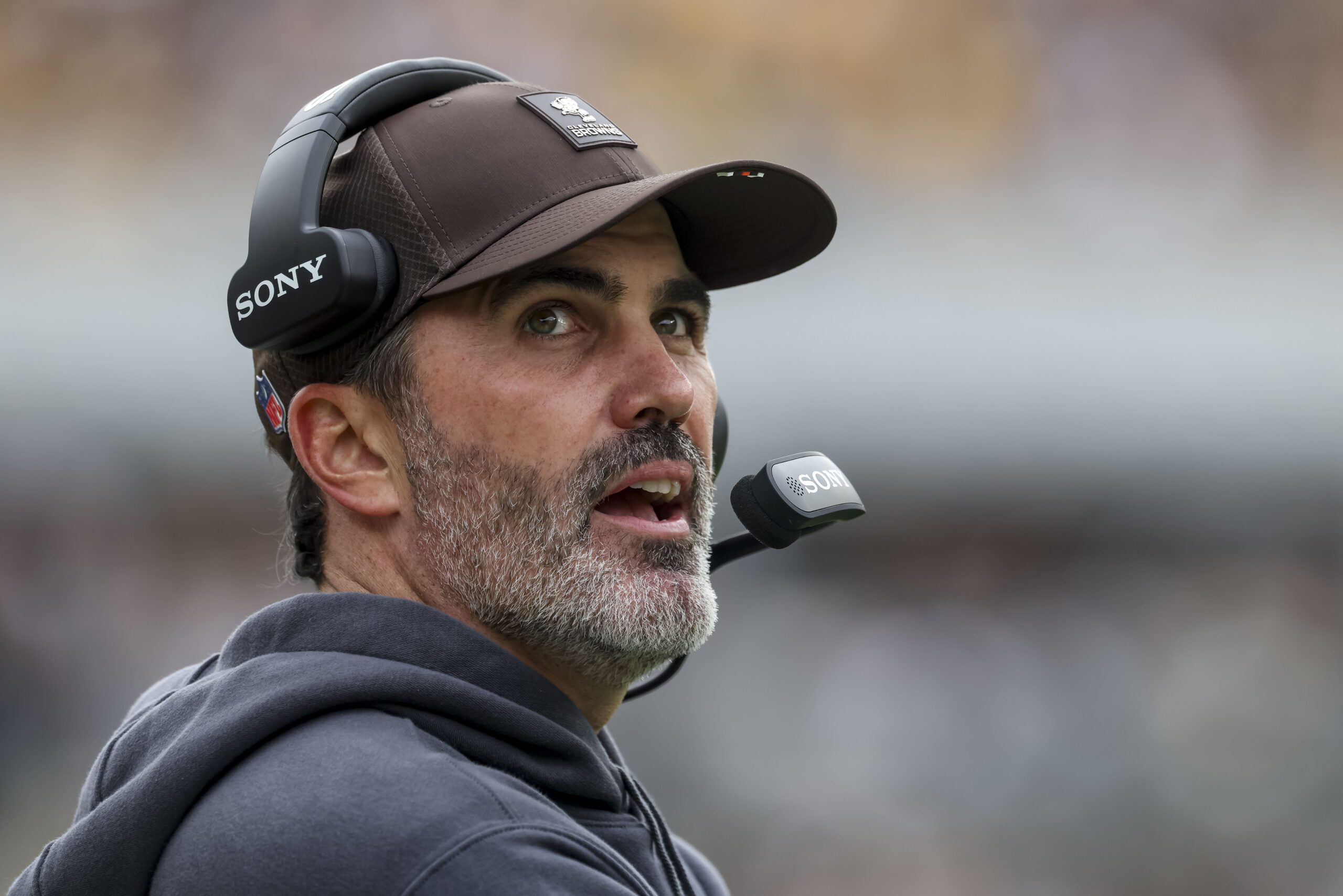 Cleveland Browns head coach Kevin Stefanski during the second quarter at Acrisure Stadium.
