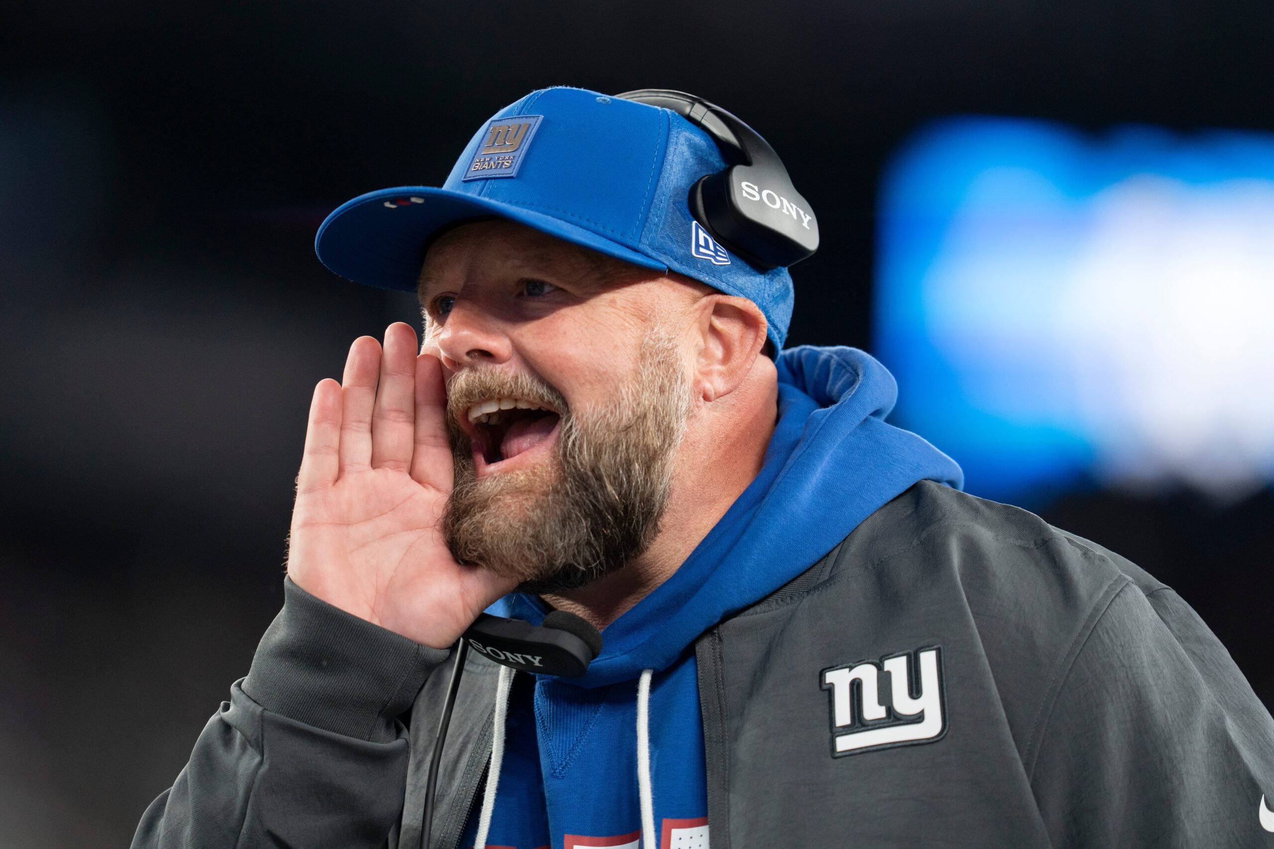 New York Giants head coach Brian Daboll shouts during a Thursday Night Football game between the New York Giants and the Philadelphia Eagles at MetLife Stadium in East Rutherford.