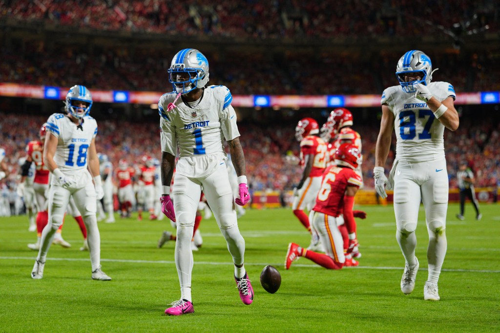 Detroit Lions wide receiver Jameson Williams (1) reacts after catching a touchdown pass against the Kansas City Chiefs.