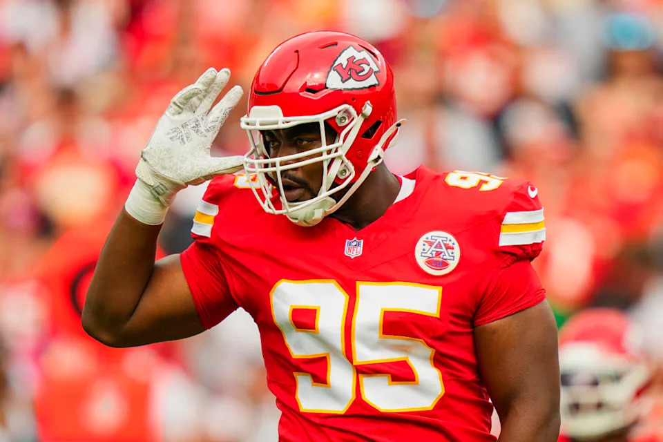 Kansas City Chiefs defensive tackle Chris Jones (95) reacts against the Philadelphia Eagles at GEHA Field at Arrowhead Stadium.Credit&colon; Jay Biggerstaff-Imagn Images