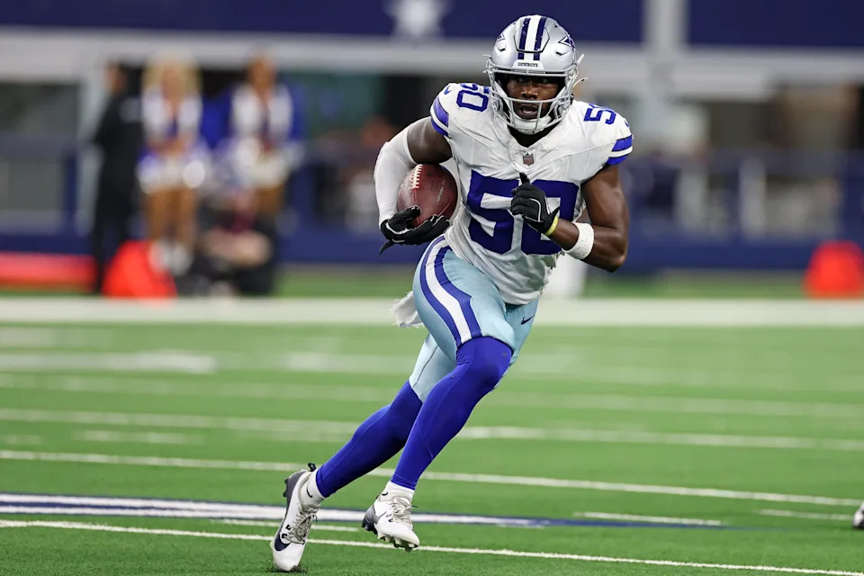ARLINGTON, TEXAS - AUGUST 22: Shemar James #50 of the Dallas Cowboys runs for yards following an interception during the second half of an NFL Preseason 2025 game against the Atlanta Falcons at AT&T Stadium on August 22, 2025 in Arlington, Texas. (Photo by Stacy Revere/Getty Images)