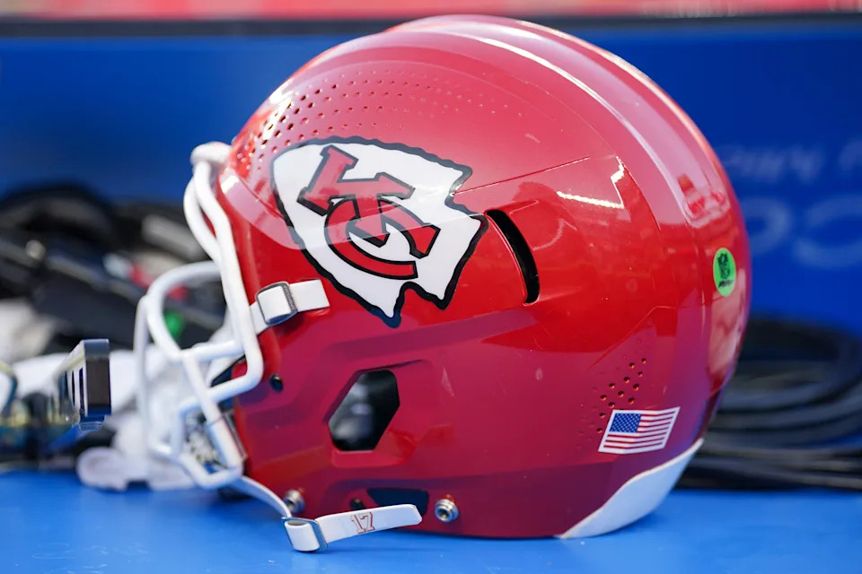 Sep 28, 2025; Kansas City, Missouri, USA; A general view of a Kansas City Chiefs helmet against the Baltimore Ravens after the game at GEHA Field at Arrowhead Stadium. Mandatory Credit: Denny Medley-Imagn Images