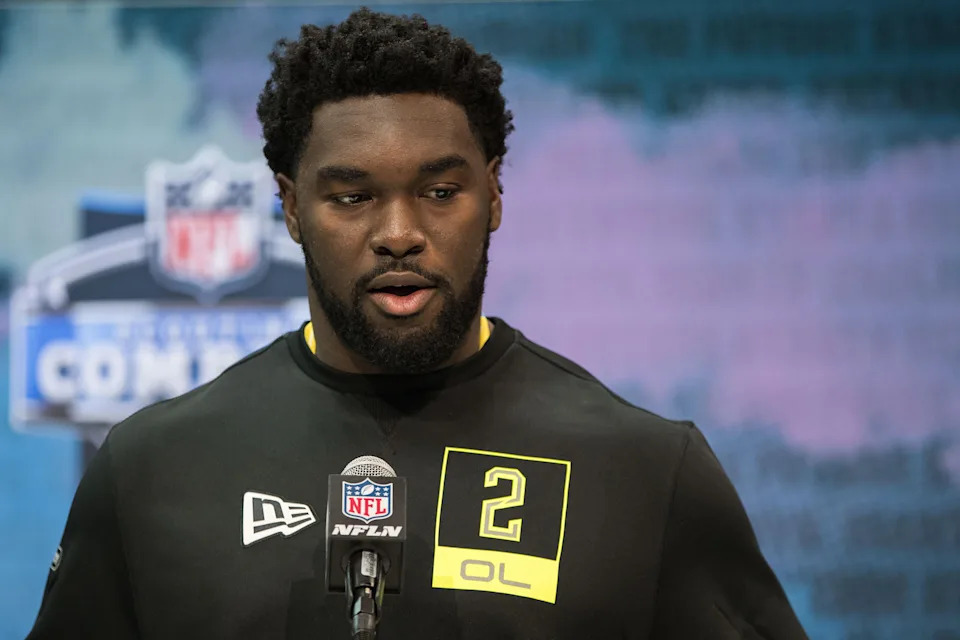 Feb 26, 2020; Indianapolis, Indiana, USA; Kansas offensive lineman Hakeem Adeniji (OL02) speaks to the media during the 2020 NFL Combine in the Indianapolis Convention Center. Mandatory Credit: Trevor Ruszkowski-USA TODAY Sports
