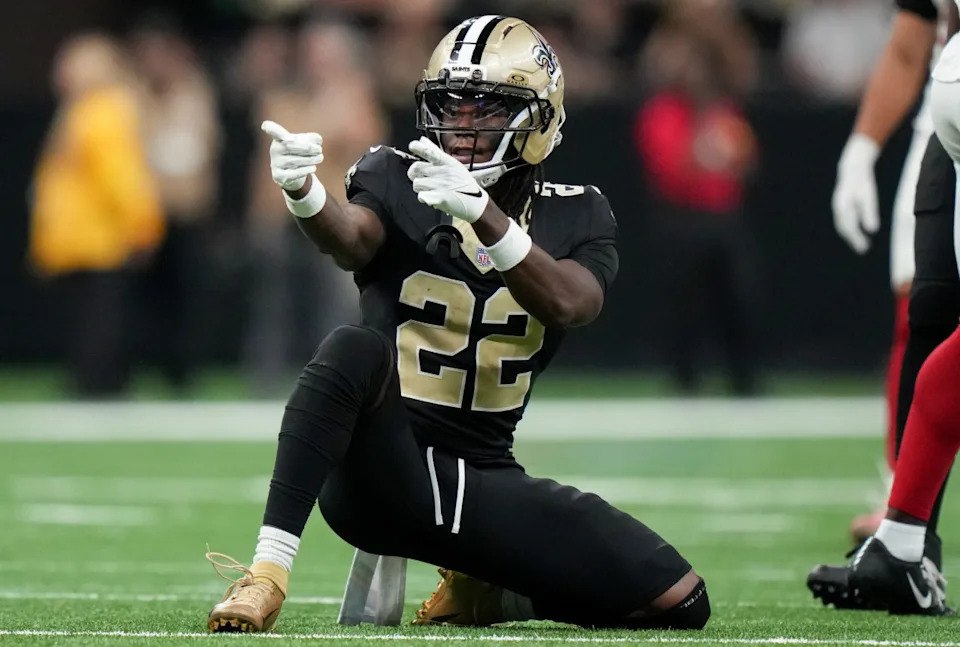 Oct 5, 2025; New Orleans, Louisiana, USA; New Orleans Saints wide receiver Rashid Shaheed (22) celebrates after a play against the New York Giants during the fourth quarter at Caesars Superdome. Mandatory Credit: Matthew Hinton-Imagn Images