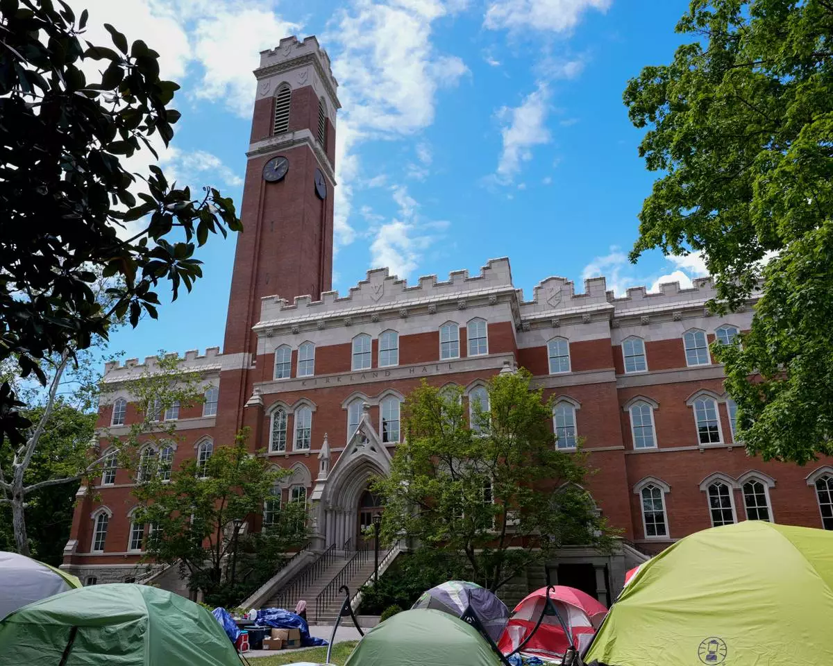 FILE - Pro-Palestinian supporters continue their encampment protest on Vanderbilt University campus Friday, May 3, 2024, in Nashville, Tenn. (AP Photo/George Walker IV, file)