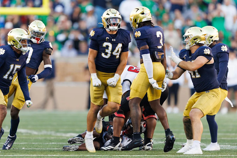 Notre Dame linebacker Drayk Bowen (34) celebrates after getting a stop in the second half of a NCAA football game against NC State at Notre Dame Stadium on Saturday, Oct. 11, 2025, in South Bend.
