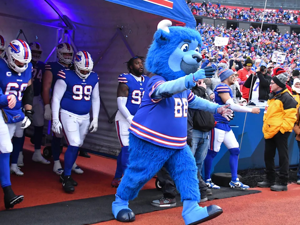 Dec 31, 2023; Orchard Park, New York, USA; Buffalo Bills mascot "Billy Buffalo" leads the team onto the field before a game against the New England Patriots at Highmark Stadium. Mandatory Credit: Mark Konezny-USA TODAY Sports