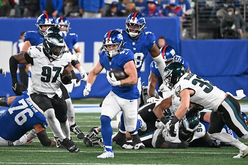 Giants running back Cam Skattebo runs the ball during the fourth quarter of the Giants’ Week 6 win over the Eagles. Bill Kostroun/New York Post