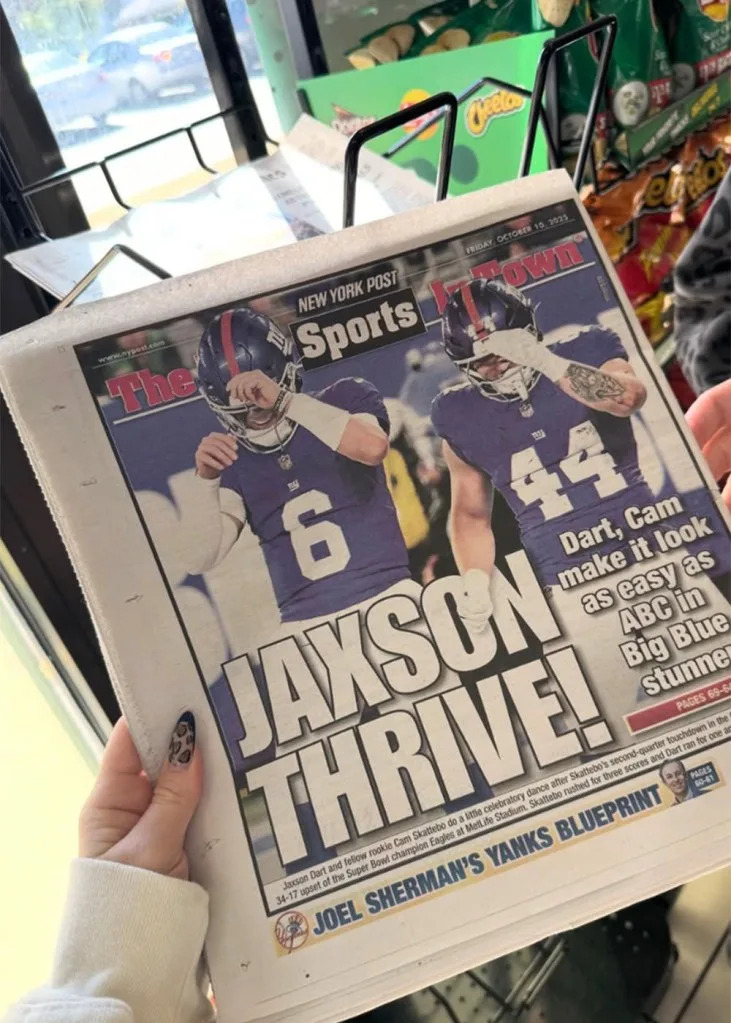 Cam Skattebo’s girlfriend Chloe Rodriquez shows the back page of the New York Post Sports after the Giants beat the Eagles at MetLife Stadium on October 9, 2025. Instagram/Chloe Rodriguez