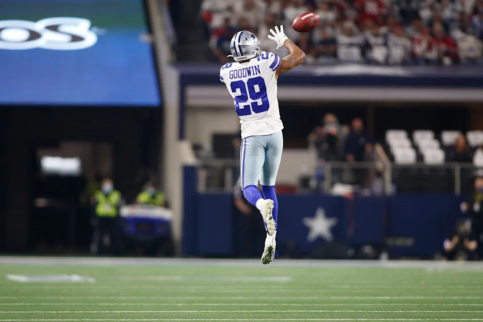 Jan 16, 2022; Arlington, Texas, USA; Dallas Cowboys defensive back C.J. Goodwin (29) catches a pass for a first down on a fake punt in the fourth quarter against the San Francisco 49ers in a NFC Wild Card playoff football game at AT&T Stadium. Mandatory Credit: Tim Heitman-USA TODAY Sports