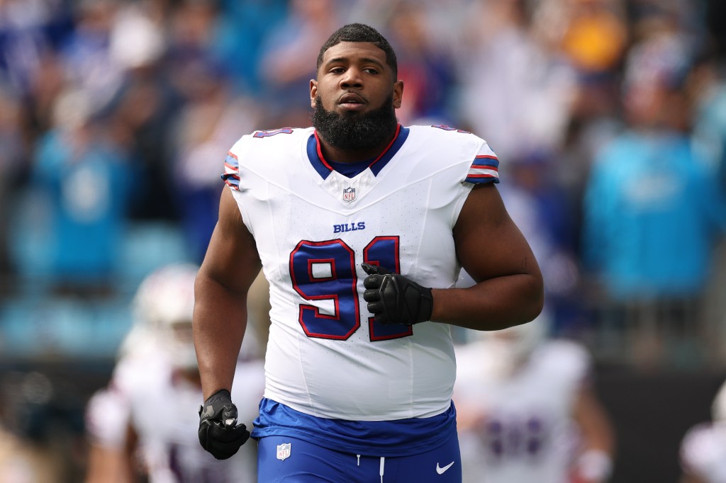 Buffalo Bills player Ed Oliver (91) on the field.Ed Oliver #91 of the Buffalo Bills runs onto the field prior to the game against the Carolina Panthers at Bank of America Stadium on October 26, 2025 in Charlotte, North Carolina. 