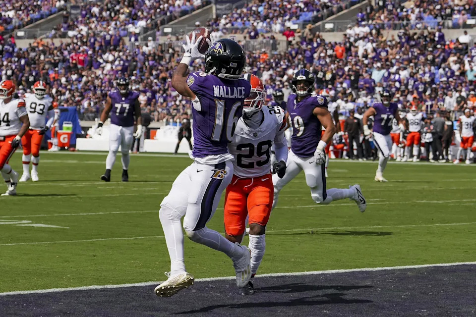 Sep 14, 2025; Baltimore, Maryland, USA; Baltimore Ravens wide receiver Tylan Wallace (16) makes a touchdown catch during the second quarter at M&T Bank Stadium. Mandatory Credit: Mitch Stringer-Imagn Images