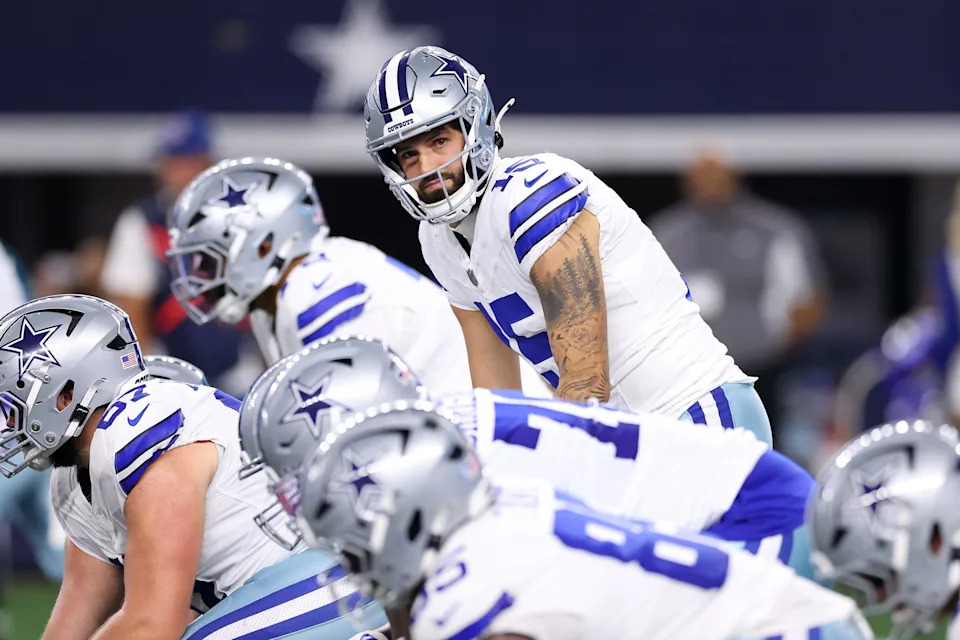 ARLINGTON, TEXAS - AUGUST 22: Will Grier #15 of the Dallas Cowboys looks over the line of scrimmage during the second half of the NFL Preseason 2025 game against the Atlanta Falcons at AT&T Stadium on August 22, 2025 in Arlington, Texas. (Photo by Sam Hodde/Getty Images)