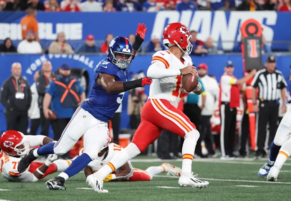 Kayvon Thibodeaux chases after Patrick Mahomes during the second quarter of the Giants’ Week 3 loss to the Chiefs. Charles Wenzelberg/New York Post