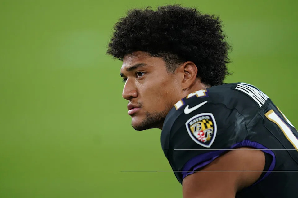 Sep 22, 2025; Baltimore, Maryland, USA; Baltimore Ravens safety Kyle Hamilton (14) practices before the game against the Detroit Lions at M&T Bank Stadium. Mandatory Credit: Mitch Stringer-Imagn Images