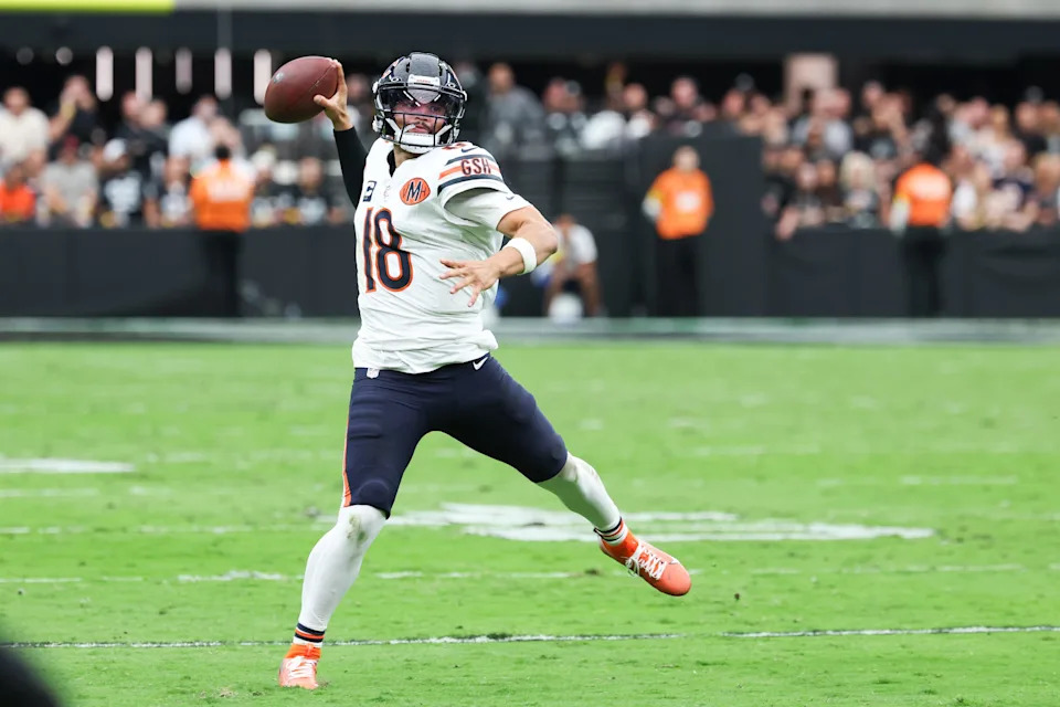 Sep 28, 2025; Paradise, Nevada, USA; Chicago Bears quarterback Caleb Williams (18) throws the ball in the second quarter against the Chicago Bears at Allegiant Stadium. Mandatory Credit: Kiyoshi Mio-Imagn Images