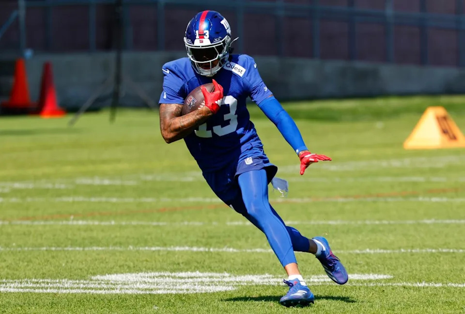 Jalin Hyatt runs with the ball after a catch during a Giants’ practice in September. Noah K. Murray / New York Post