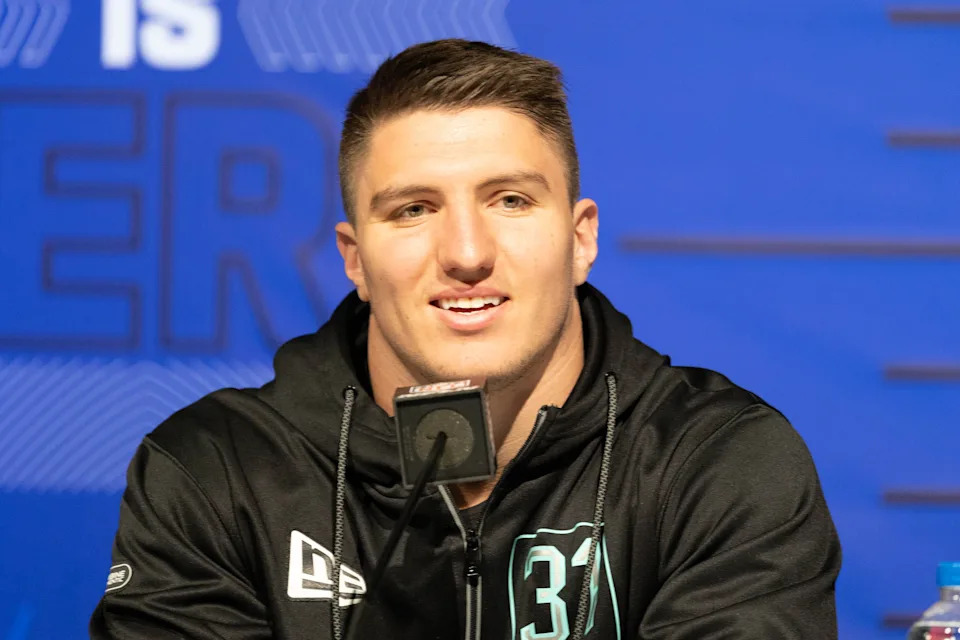Mar 4, 2022; Indianapolis, IN, USA; Wisconsin linebacker Jack Sanborn (LB31) talks to the media during the 2022 NFL Combine. Mandatory Credit: Trevor Ruszkowski-USA TODAY Sports