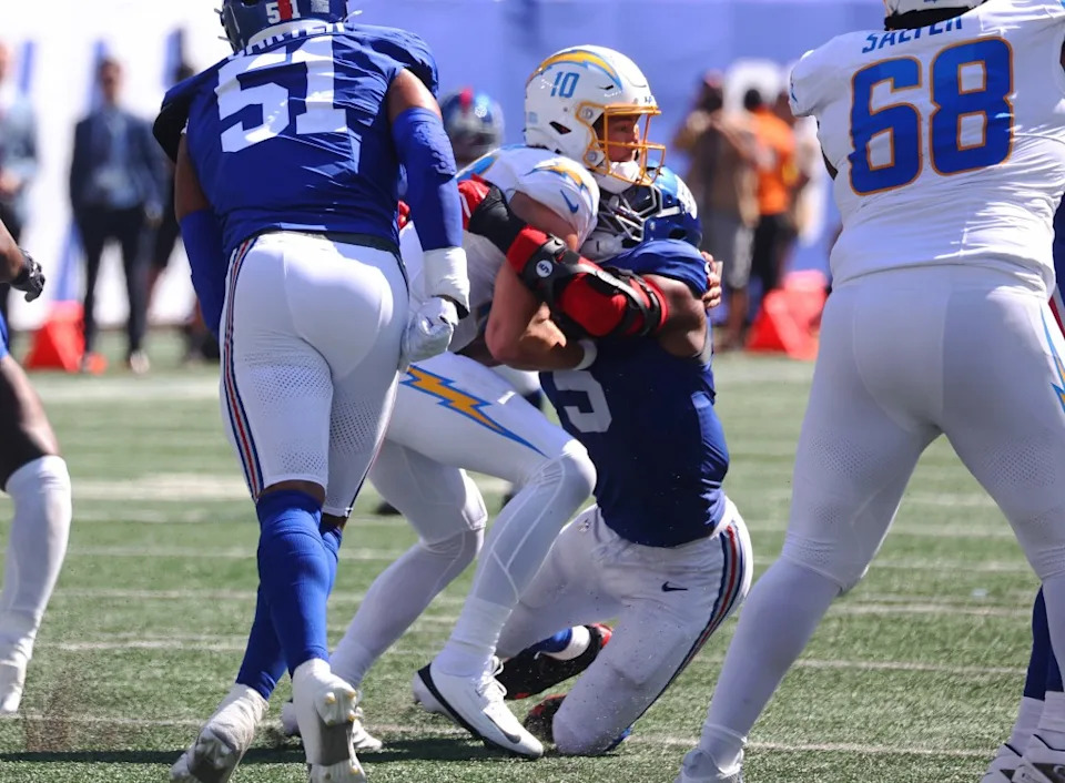 Kayvon Thibodeaux sacks quarterback Justin Herbert during the during the first half of the Giants’ Week 4 win over the Chargers at MetLife Stadium. Robert Sabo for NY Post
