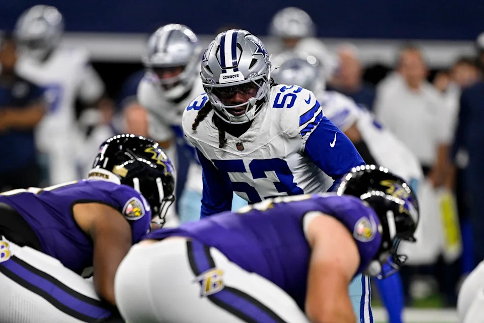 Aug 16, 2025; Arlington, Texas, USA; Dallas Cowboys linebacker James Houston (53) looks on during the game between the Dallas Cowboys and the Baltimore Ravens at AT&T Stadium. Mandatory Credit: Jerome Miron-Imagn Images