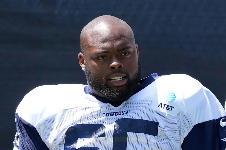 Jul 27, 2025; Oxnard, CA, USA; Dallas Cowboys guard Robert Jones (65) at training camp at the River Ridge Fields. Mandatory Credit: Kirby Lee-Imagn Images