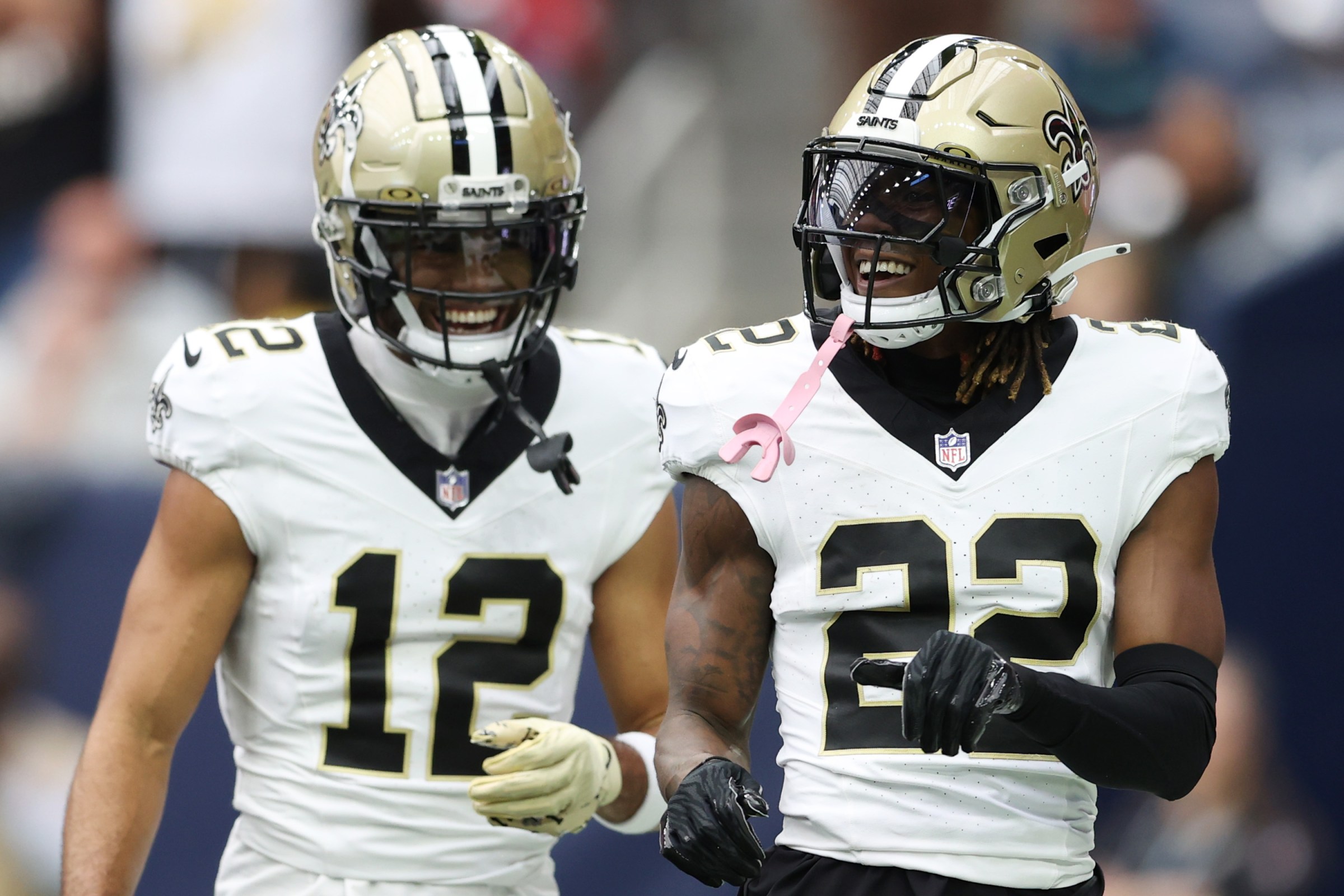 HOUSTON, TEXAS - OCTOBER 15: Rashid Shaheed #22 of the New Orleans Saints celebrates with Chris Olave #12 of the New Orleans Saints after a touchdown during the first quarter against the Indianapolis Colts at NRG Stadium on October 15, 2023 in Houston, Texas. (Photo by Tim Warner/Getty Images)