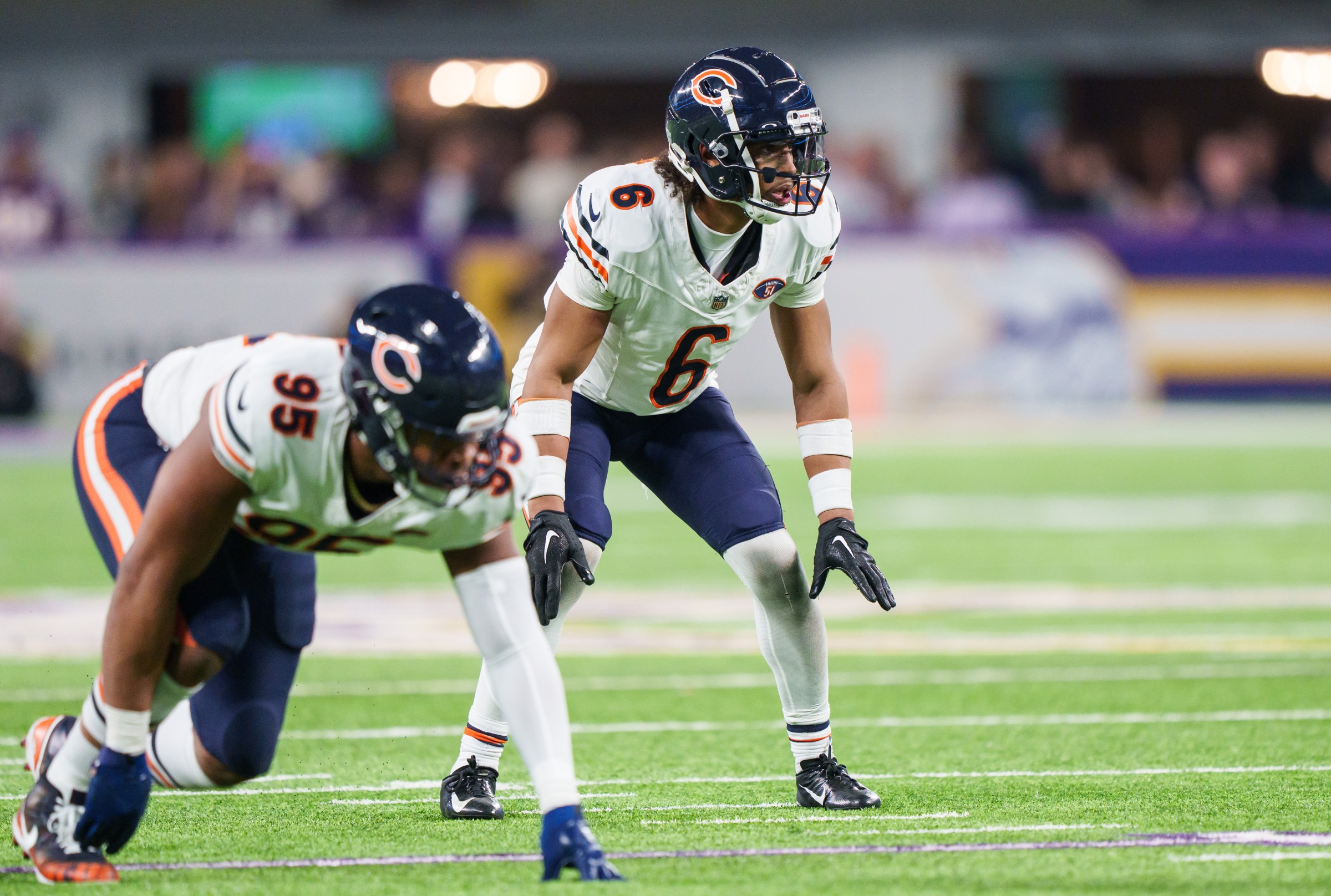 MINNEAPOLIS, MN - NOVEMBER 27: Cornerback Kyler Gordon #6 of the Chicago Bears sets up for the snap during an NFL football game against the Minnesota Vikings at US Bank Stadium on November 27, 2023 in Minneapolis, Minnesota. The Bears beat the Vikings 12-10. (Photo by Todd Rosenberg/Getty Images)
