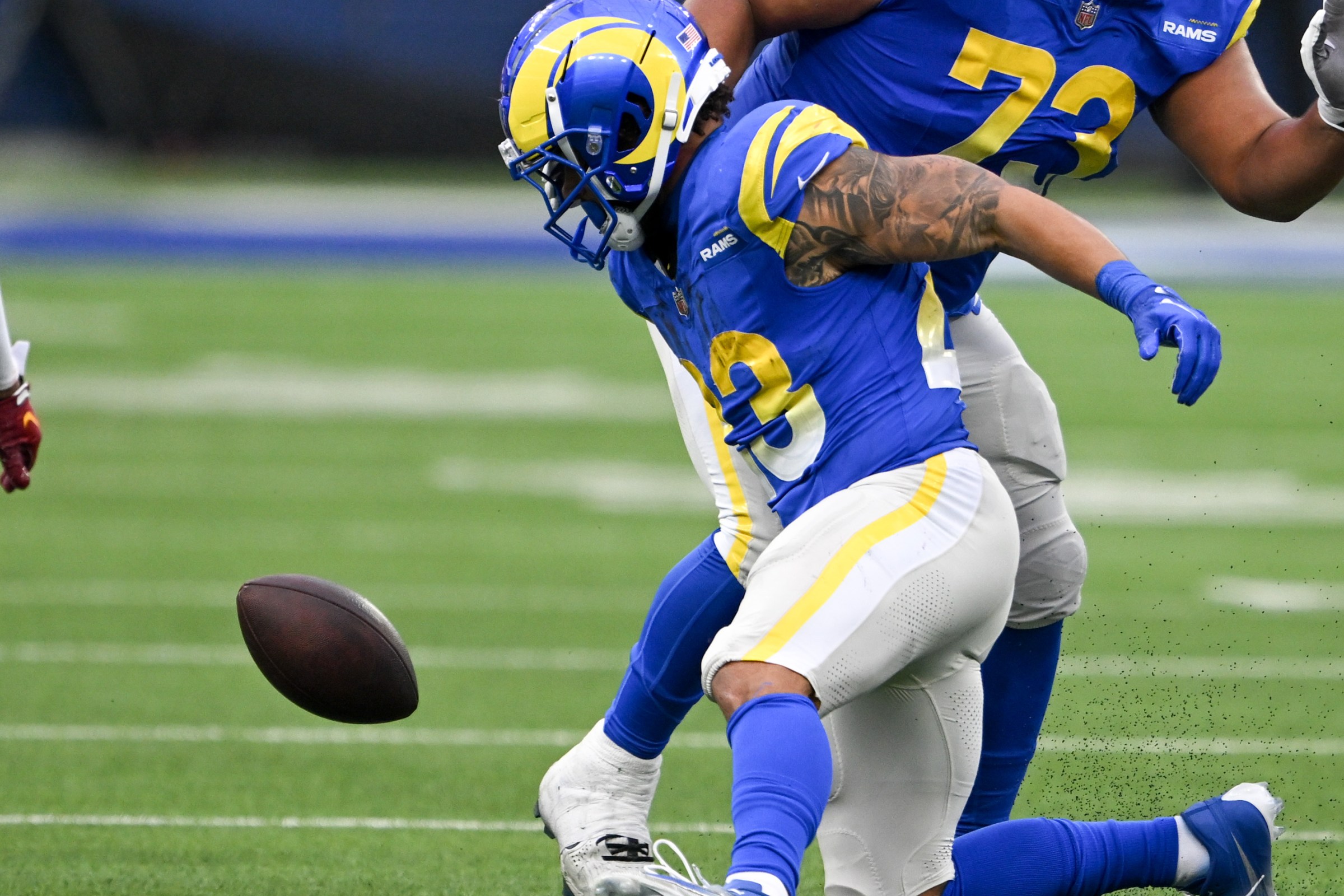 Inglewood, CA – Rams Kyren Williams, #23, fumbles the ball away (Photo by David Crane/MediaNews Group/Los Angeles Daily News via Getty Images)