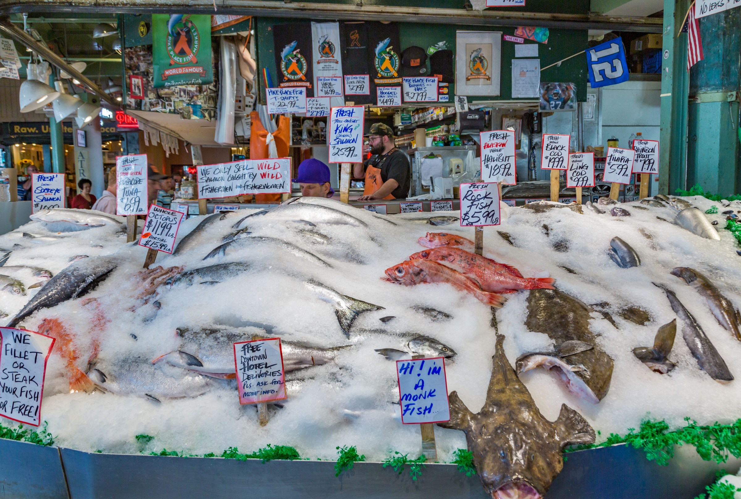 Fresh fish on ice for sale at the famous Pike Place Fish Market in downtown Seattle, Washington. (Photo by: Ron Buskirk/UCG/Universal Images Group via Getty Images)
