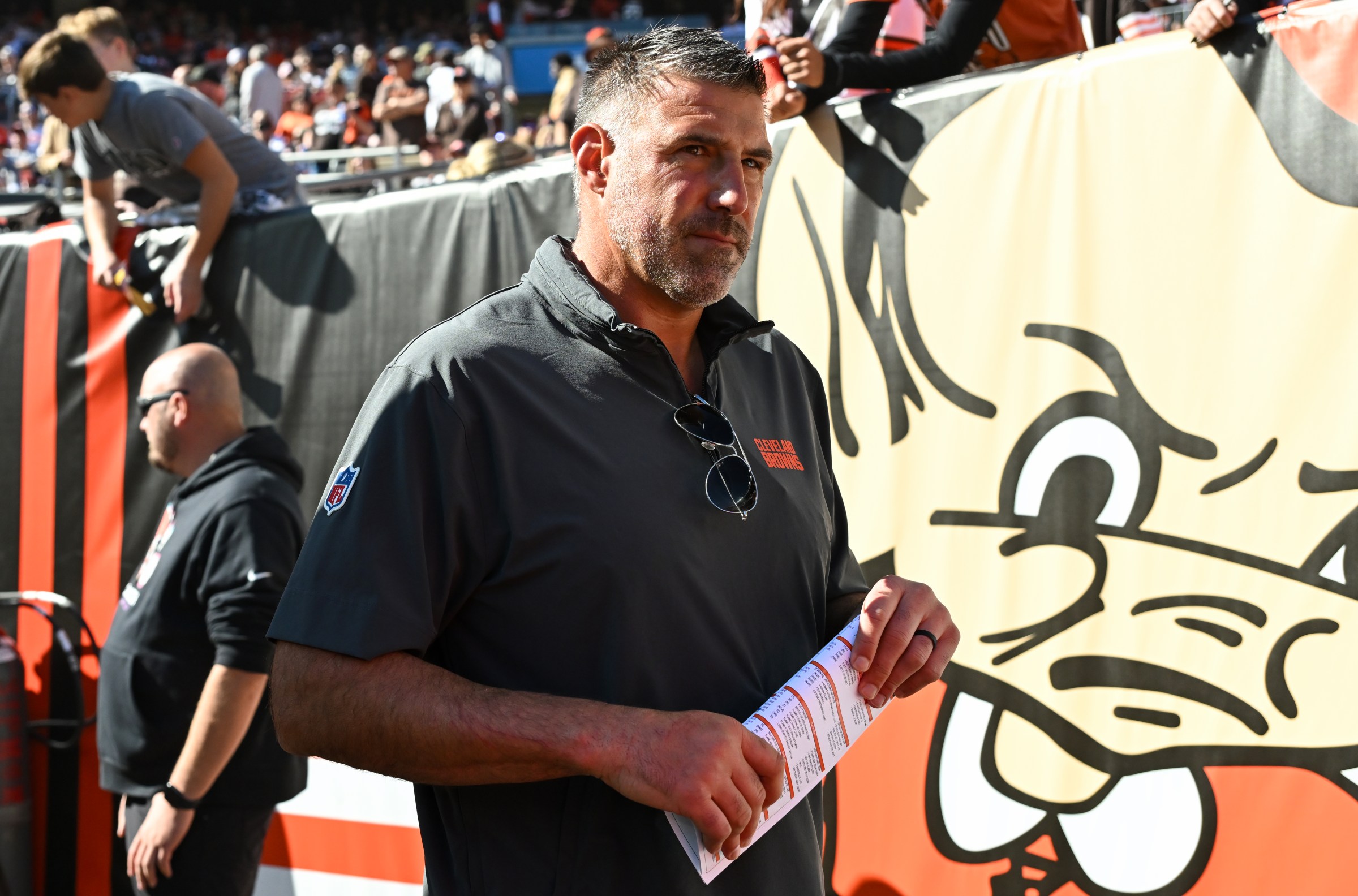 CLEVELAND, OHIO - OCTOBER 20: Coaching consultant Mike Vrabel of the Cleveland Browns looks on prior to a game against the Cincinnati Bengals at Huntington Bank Field on October 20, 2024 in Cleveland, Ohio. (Photo by Nick Cammett/Diamond Images via Getty Images)