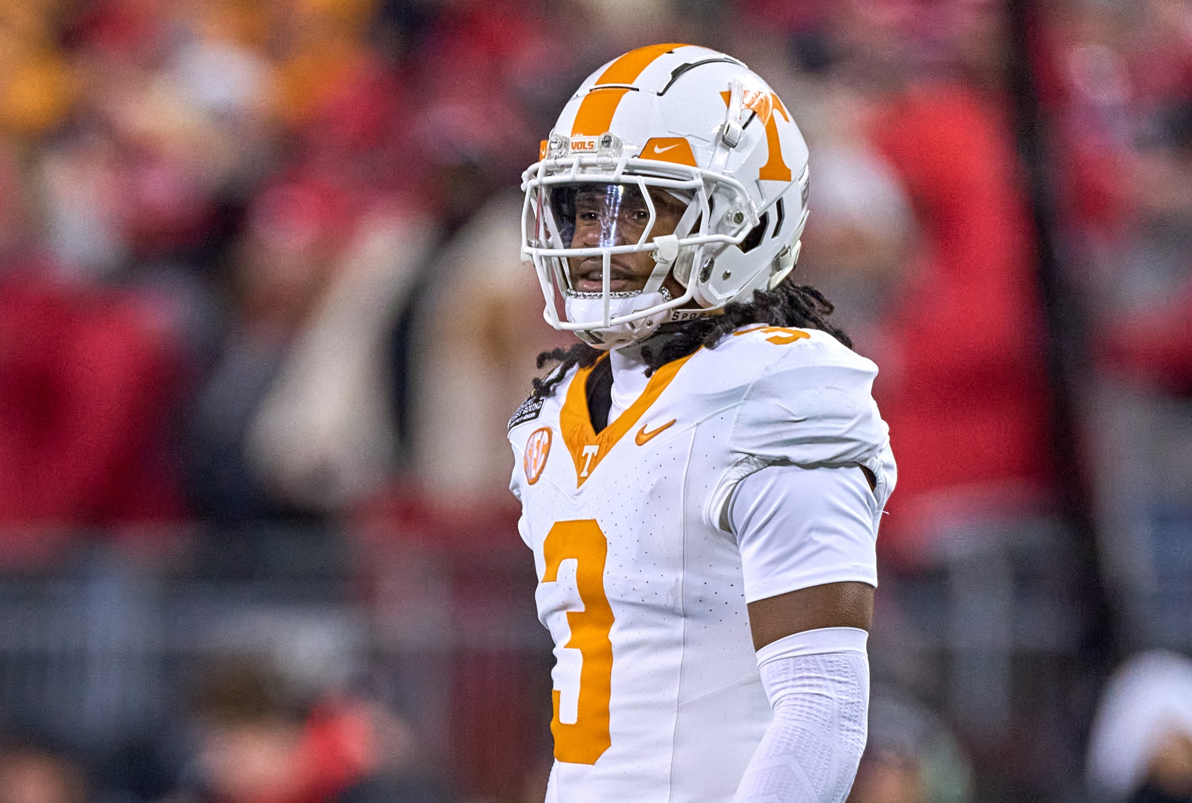 COLUMBUS, OHIO - DECEMBER 21: Defensive back Jermod McCoy #3 of the Tennessee Volunteers looks on in action during the College Football Playoff First Round game between the Tennessee Volunteers and the Ohio State Buckeyes at Ohio Stadium on December 21, 2024 in Columbus, Ohio. (Photo by Robin Alam/ISI Photos/Getty Images)