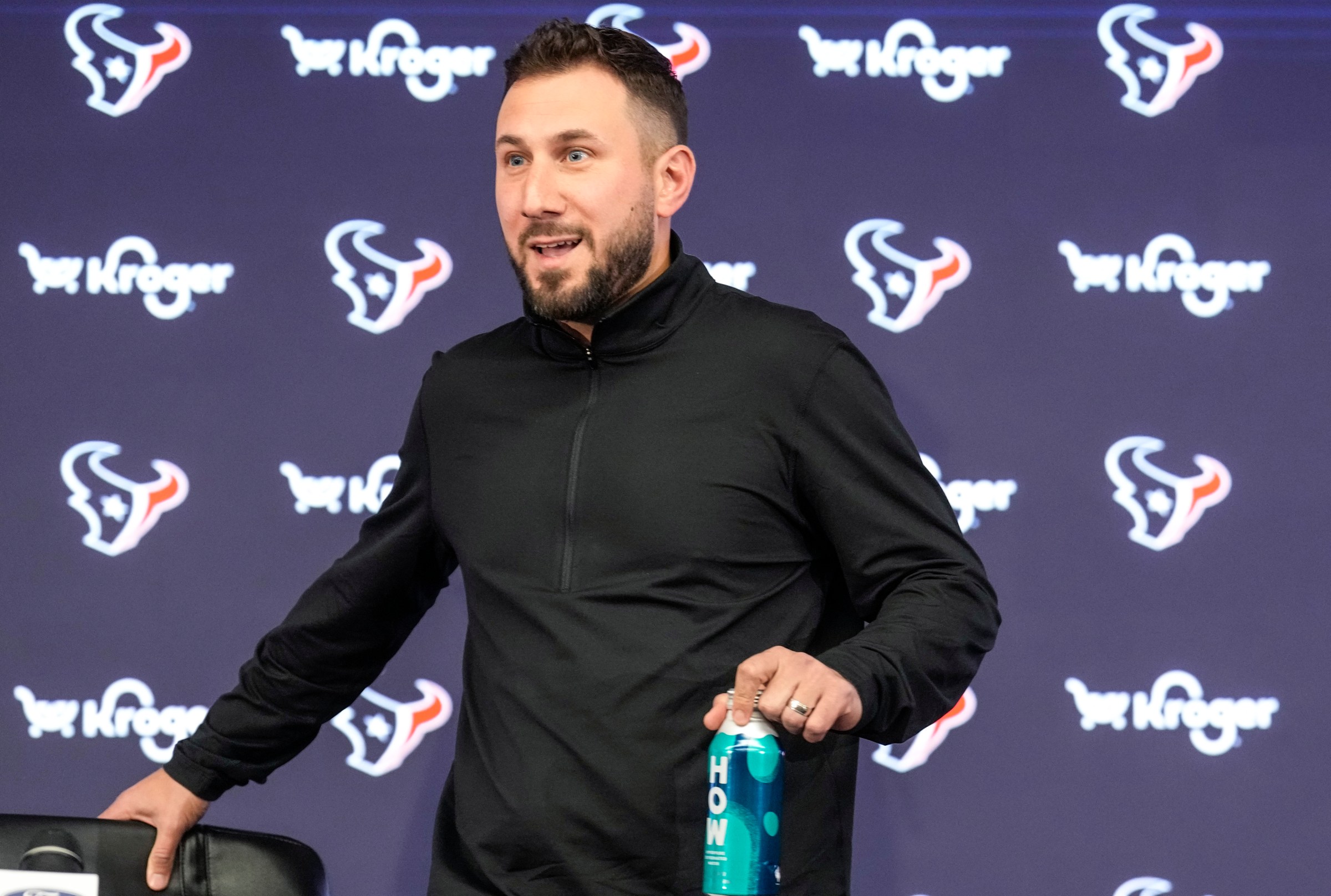 HOUSTON, TEXAS - FEBRUARY 13: Houston Texans offensive coordinator Nick Caley takes his seat to speak to the media during a news conference introducing the coach on Thursday, Feb. 13, 2025, in Houston. (Brett Coomer/Houston Chronicle via Getty Images)