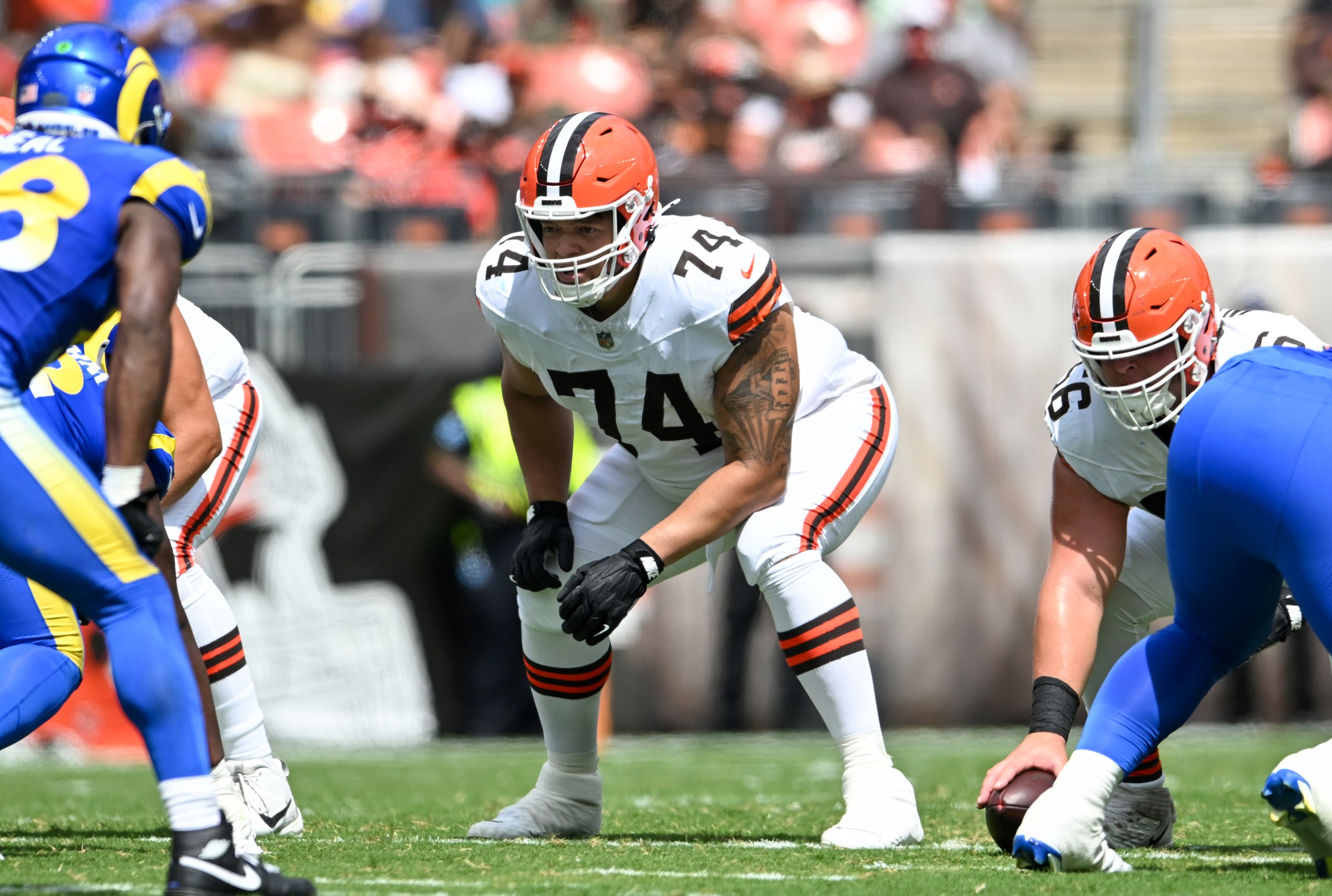 CLEVELAND, OHIO - AUGUST 23: Teven Jenkins #74 of the Cleveland Browns waits for the snap during the second quarter of an NFL Preseason 2025 game against the Los Angeles Rams at Huntington Bank Field on August 23, 2025 in Cleveland, Ohio. (Photo by Nick Cammett/Diamond Images via Getty Images)
