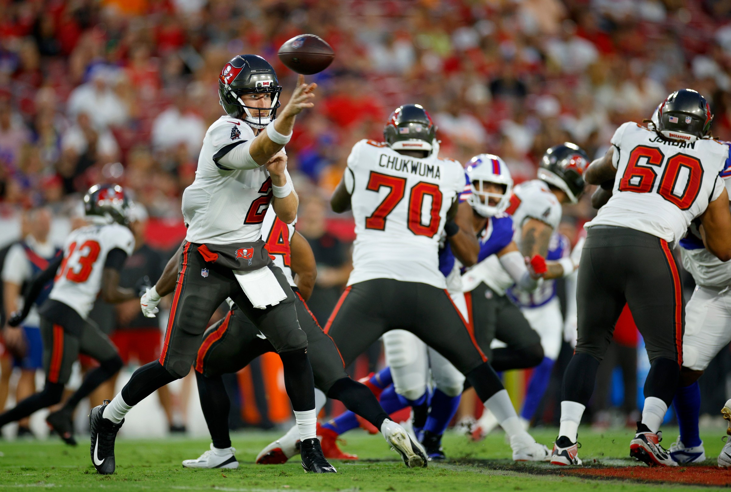 TAMPA, FLORIDA - AUGUST 23: Kyle Trask #2 of the Tampa Bay Buccaneers passes in the first half during the NFL Preseason 2025 game between Buffalo Bills and Tampa Bay Buccaneers at Raymond James Stadium on August 23, 2025 in Tampa, Florida. (Photo by Mike Ehrmann/Getty Images)