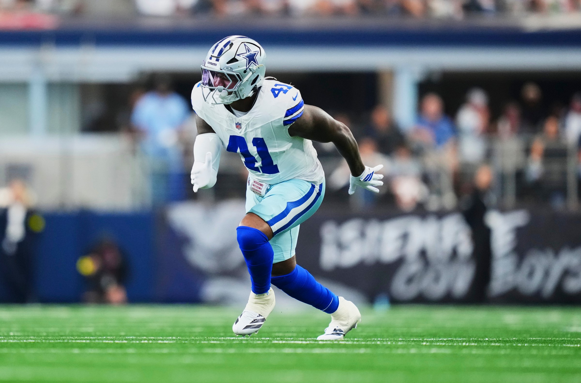 ARLINGTON, TX - SEPTEMBER 14: Donovan Ezeiruaku #41 of the Dallas Cowboys defends against the New York Giants during an NFL football game at AT&T Field on September 14, 2025 in Arlington, Texas. (Photo by Cooper Neill/Getty Images)