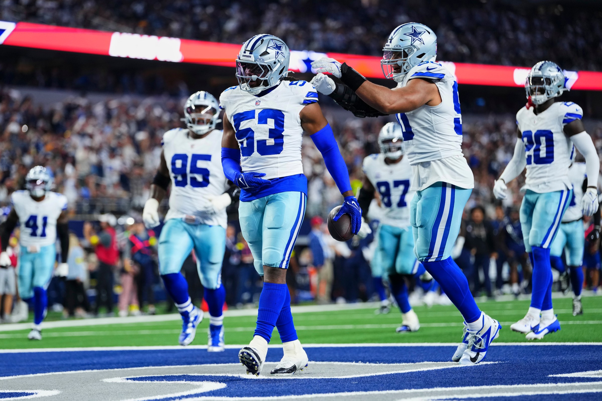 ARLINGTON, TX - SEPTEMBER 28: James Houston #53 of the Dallas Cowboys reacts after a play against the Green Bay Packers during the first half of an NFL football game at AT&T Field on September 28, 2025 in Arlington, Texas. (Photo by Cooper Neill/Getty Images)
