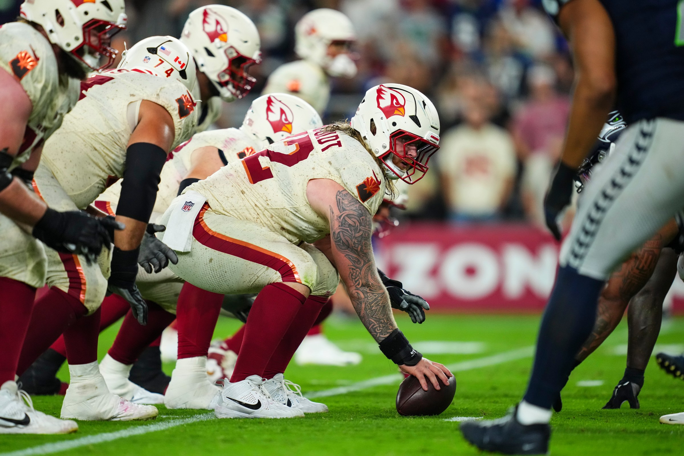 GLENDALE, AZ - SEPTEMBER 25: Hjalte Froholdt #72 of the Arizona Cardinals lines up before the snap during an NFL football game against the Seattle Seahawks at State Farm Stadium on September 25, 2025 in Glendale, Arizona. (Photo by Cooper Neill/Getty Images)