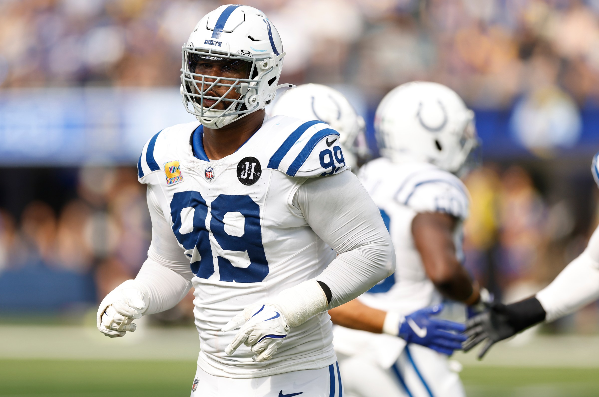 INGLEWOOD, CALIFORNIA - SEPTEMBER 28: Deforest Buckner #99 of the Indianapolis Colts on field during the second quarter against the Los Angeles Rams at SoFi Stadium on September 28, 2025 in Inglewood, California. (Photo by Ronald Martinez/Getty Images)