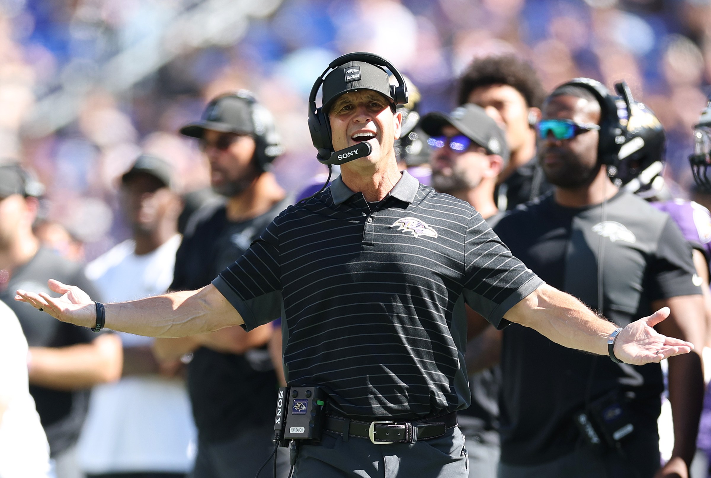 BALTIMORE, MARYLAND - OCTOBER 05: Head coach John Harbaugh of the Baltimore Ravens reacts to a pass interference call during the second quarter against the Houston Texans in the game at M&T Bank Stadium on October 05, 2025 in Baltimore, Maryland. (Photo by Rob Carr/Getty Images)