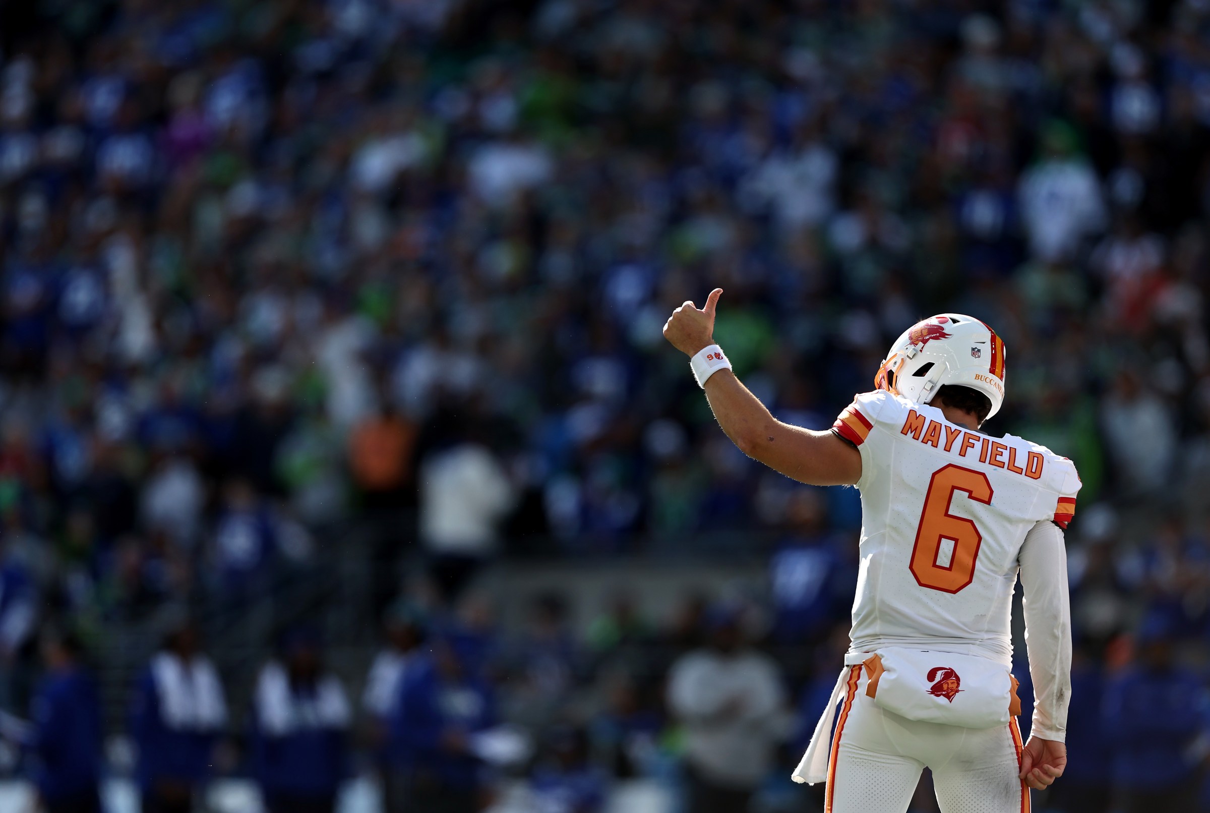 SEATTLE, WASHINGTON - OCTOBER 05: Baker Mayfield #6 of the Tampa Bay Buccaneers reacts during the game against the Seattle Seahawks at Lumen Field on October 05, 2025 in Seattle, Washington. (Photo by Olivia Vanni/Getty Images)