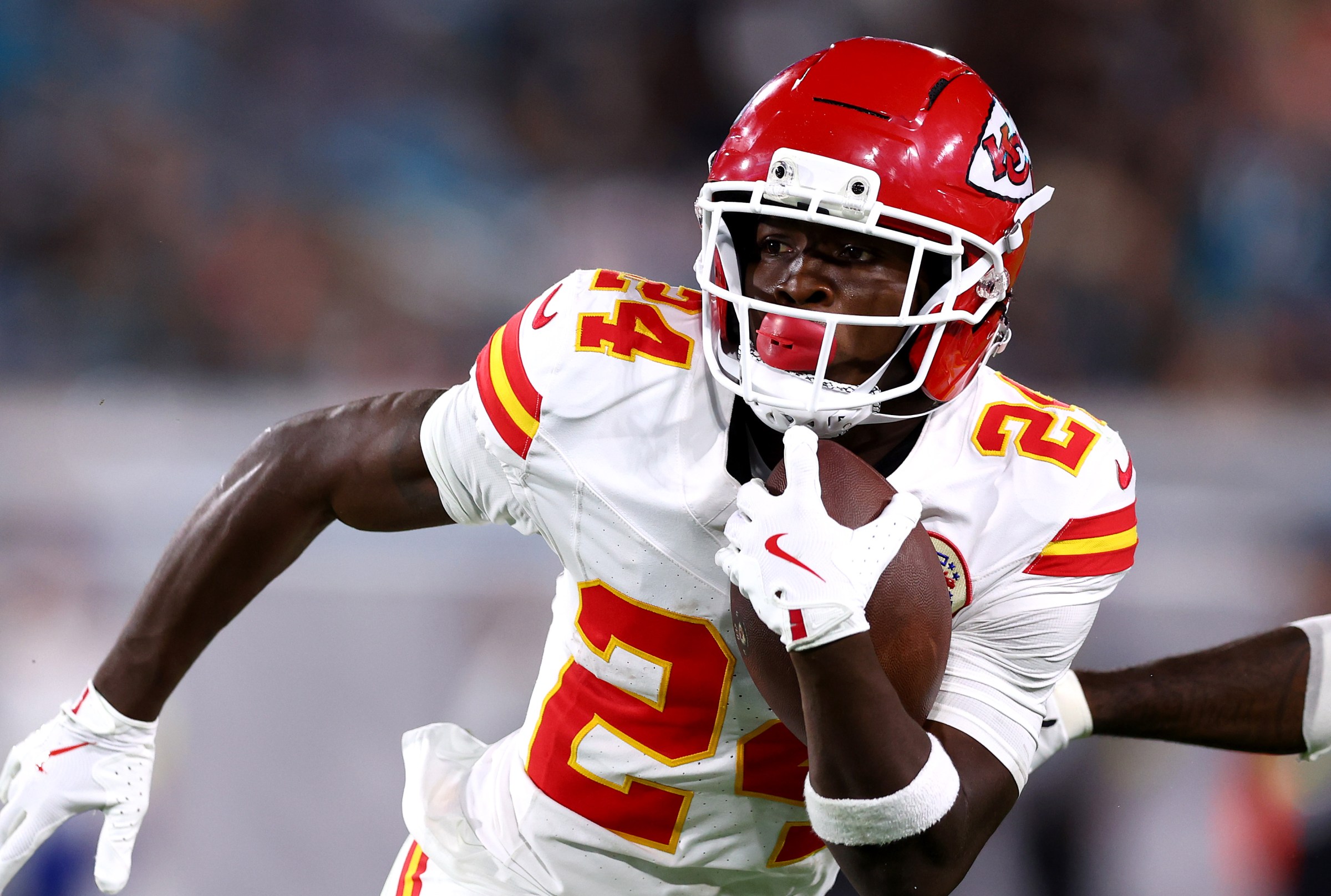 JACKSONVILLE, FLORIDA - OCTOBER 06: Brashard Smith #24 of the Kansas City Chiefs carries the ball against the Jacksonville Jaguars during the third quarter at EverBank Stadium on October 06, 2025 in Jacksonville, Florida. (Photo by Megan Briggs/Getty Images)