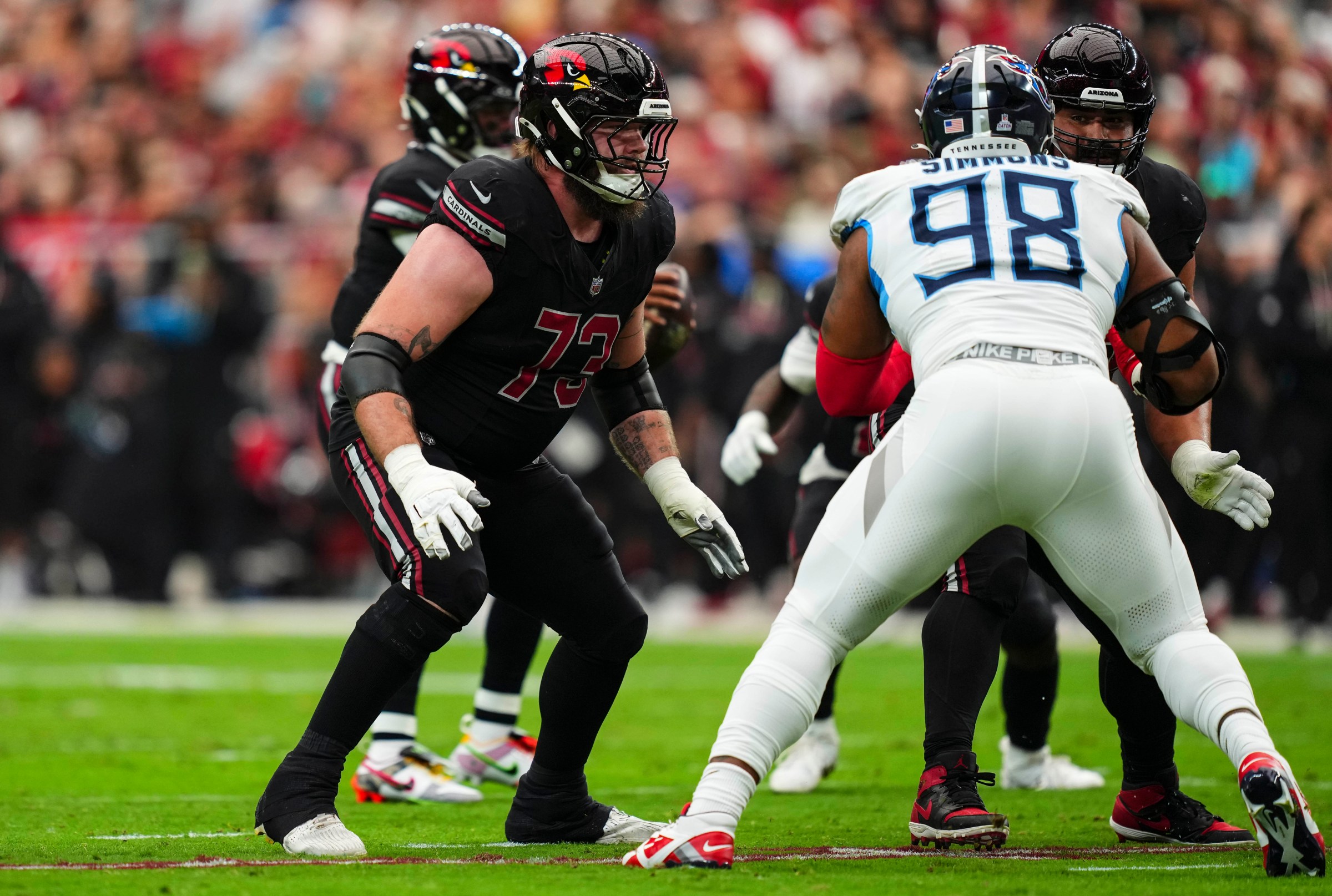 GLENDALE, AZ - OCTOBER 05: Jonah Williams #73 of the Arizona Cardinals lines up before the snap during an NFL football game against the Tennessee Titans at State Farm Stadium on October 5, 2025 in Glendale, Arizona. (Photo by Cooper Neill/Getty Images)