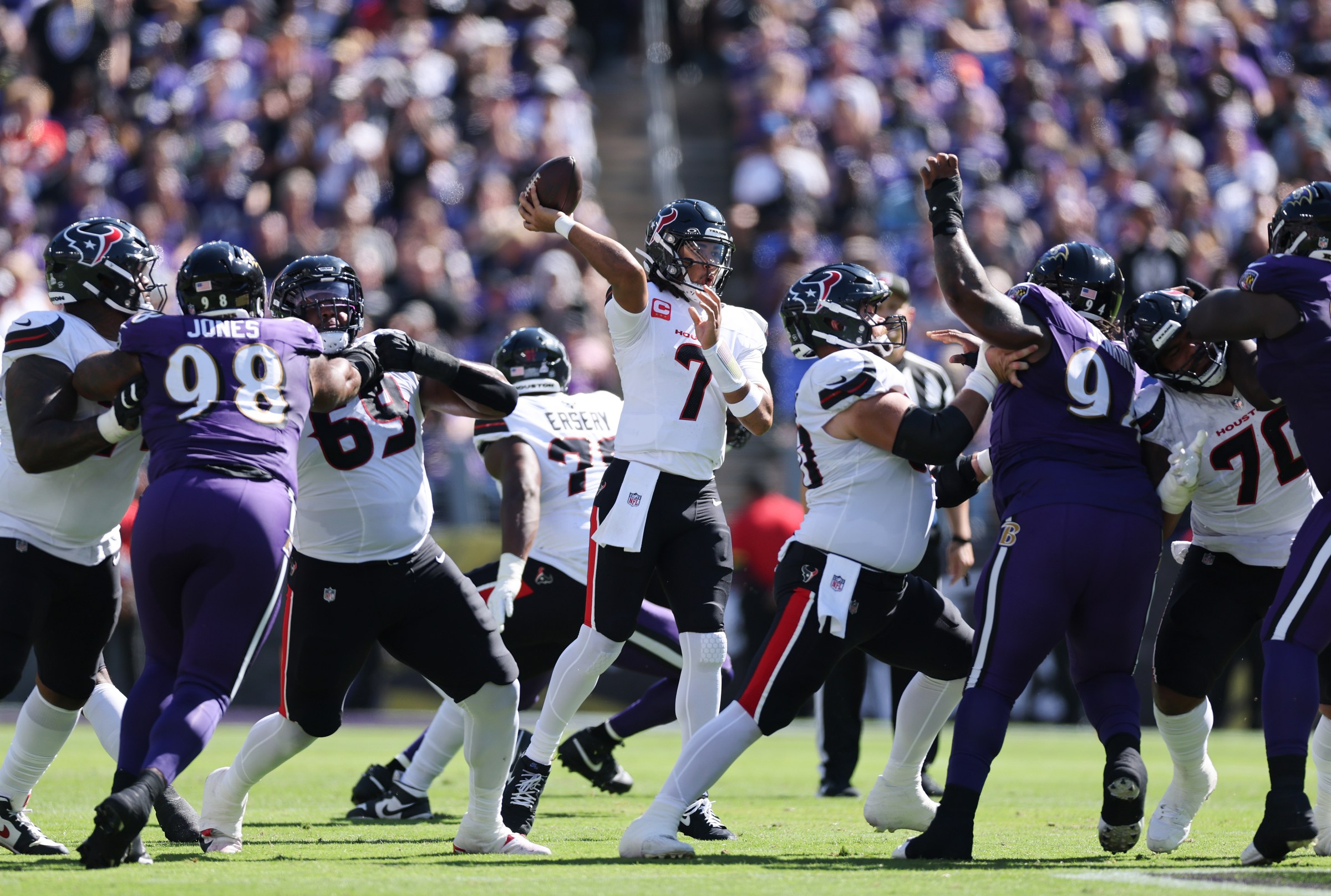 BALTIMORE, MARYLAND - OCTOBER 05: C.J. Stroud #7 of the Houston Texans makes a pass in the game against the Baltimore Ravens at M&T Bank Stadium on October 05, 2025 in Baltimore, Maryland. (Photo by Patrick Smith/Getty Images)