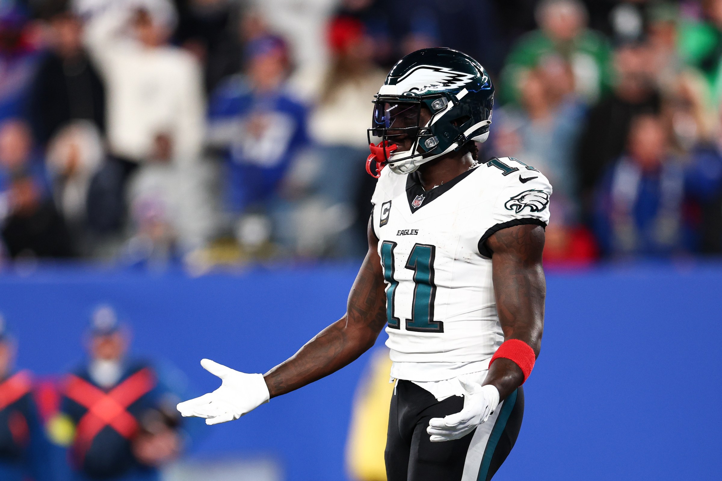 EAST RUTHERFORD, NEW JERSEY - OCTOBER 9: A.J. Brown #11 of the Philadelphia Eagles reacts during the second quarter against the New York Giants at MetLife Stadium on October 9, 2025 in East Rutherford, New Jersey. (Photo by Kevin Sabitus/Getty Images)