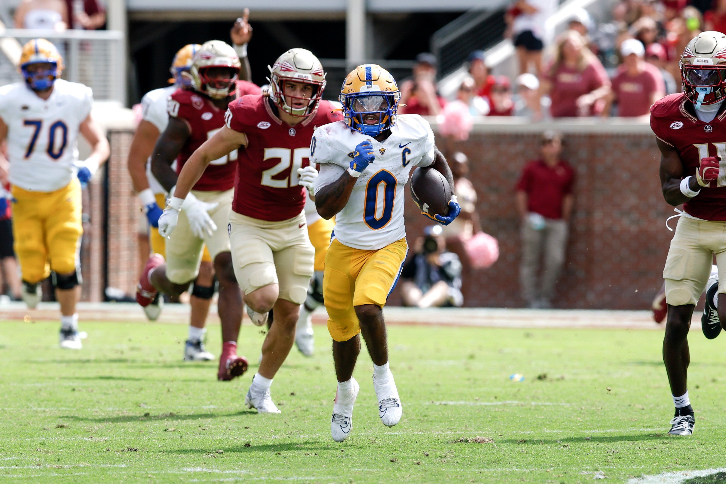 TALLAHASSEE, FL - OCTOBER 11: Runningback Desmond Reid #0 of the Pittsburgh Panthers on a long running play during the second half of the game against the Florida State Seminoles at Doak S. Campbell Stadium on Bobby Bowden Field on October 11, 2025 in Tallahassee, Florida. (Photo by Don Juan Moore/Getty Images)